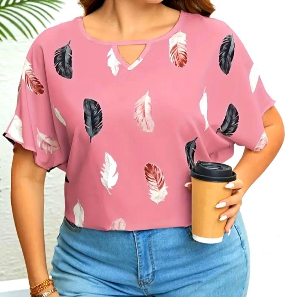 Plus Size Feather Print Cut Out Short Sleeve Top Sz 4X